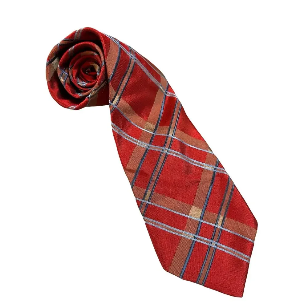 Ike Behar New York Silk Tie Red Tartan Plaid Blue